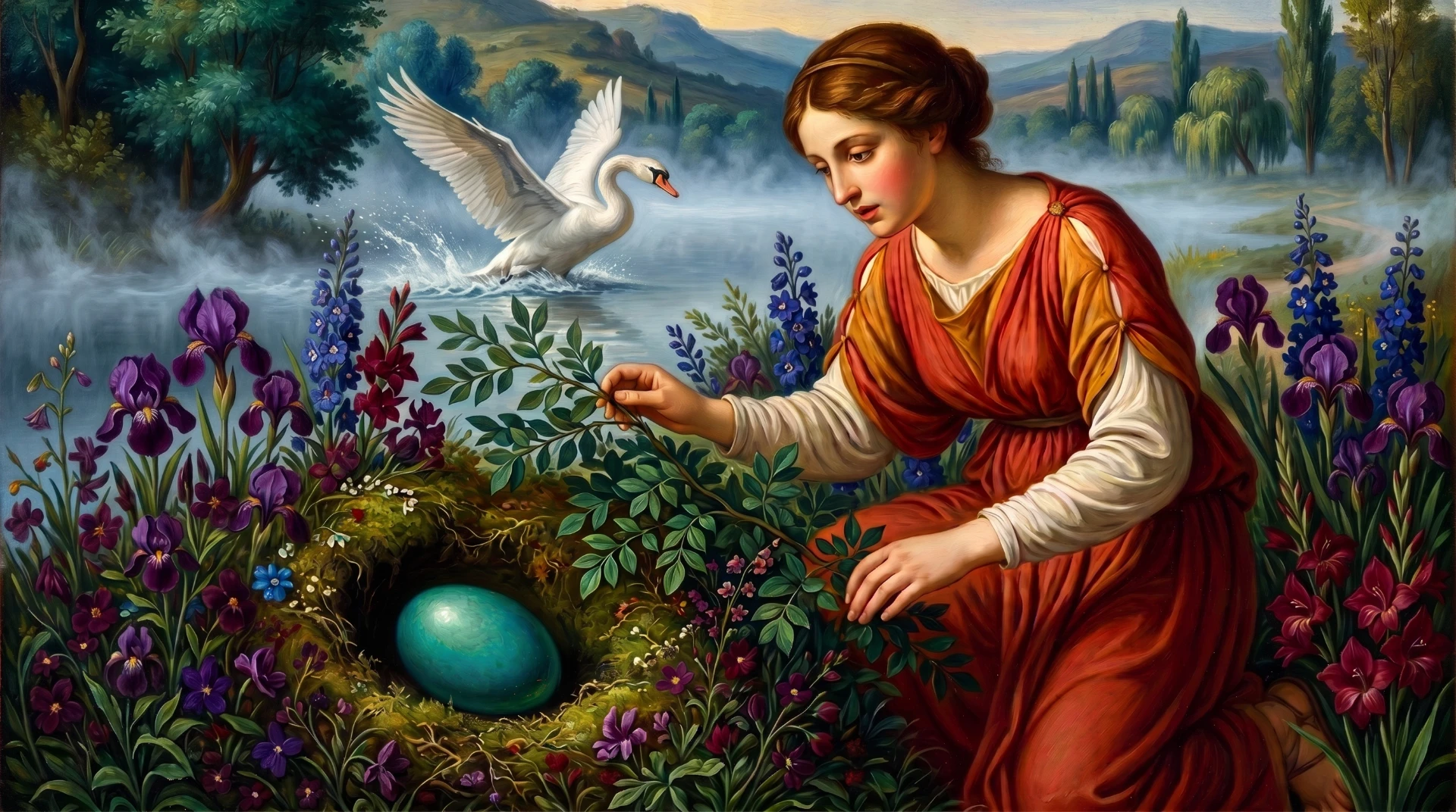 Leda and the Swan — a woman in a red dress beside a nest holding a teal egg, with a swan taking flight over misty water